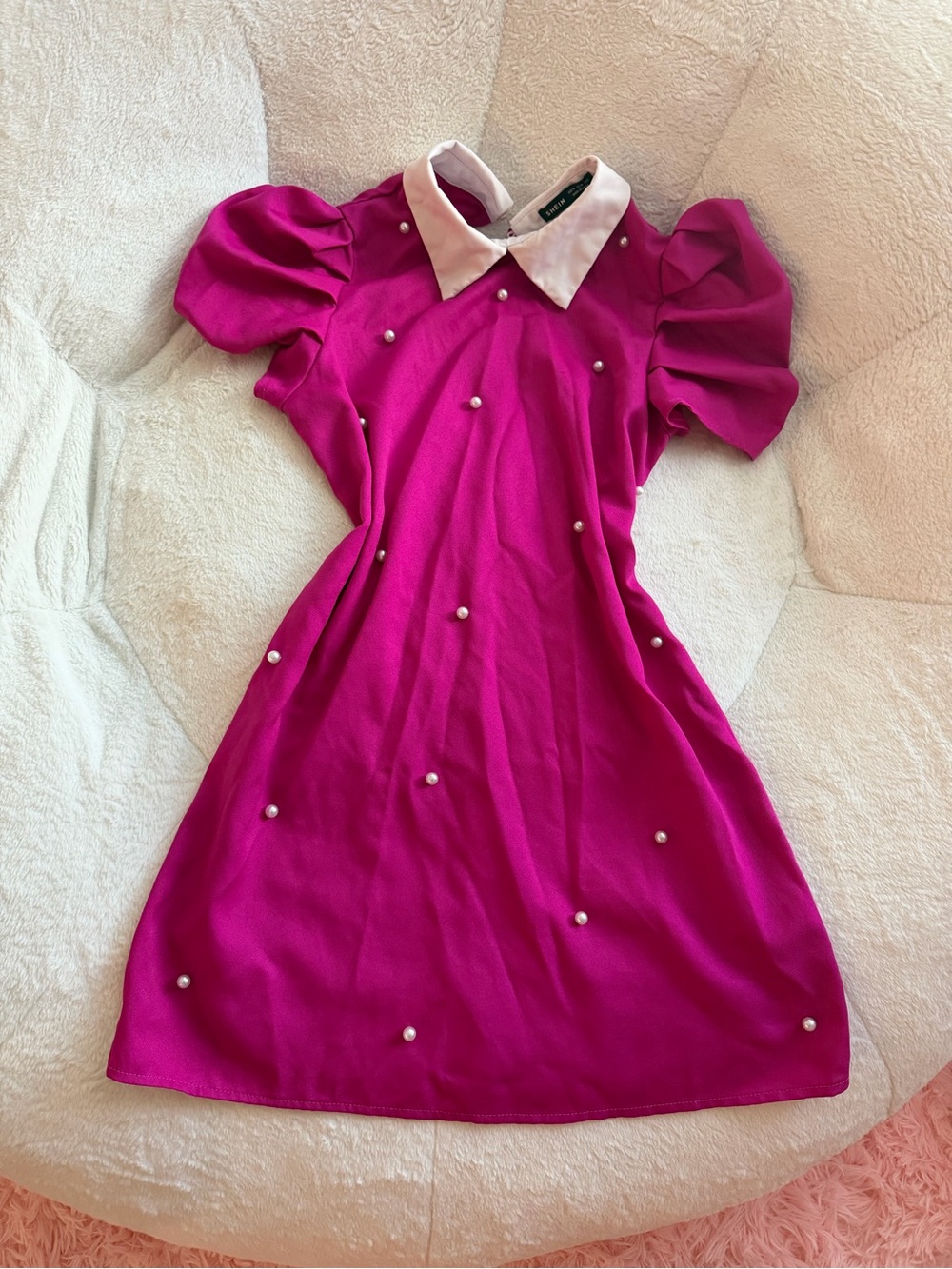 Fuchsia Pearl-Embellished Dress with White Peter Pan Collar